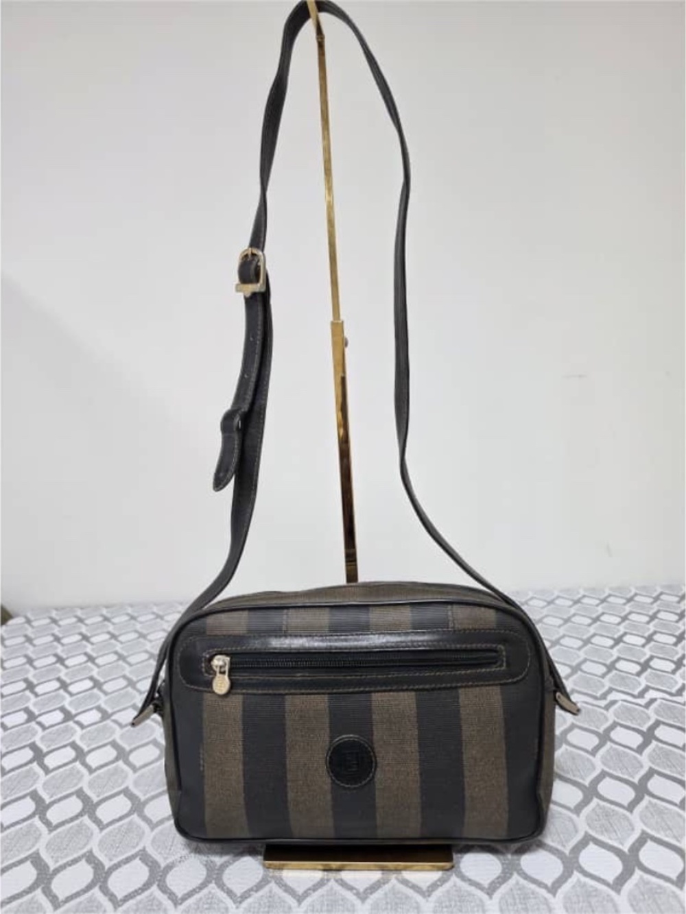 Authentic Fendi Vintage Pequin Stripe Crossbody Camera Bag Black/Brown